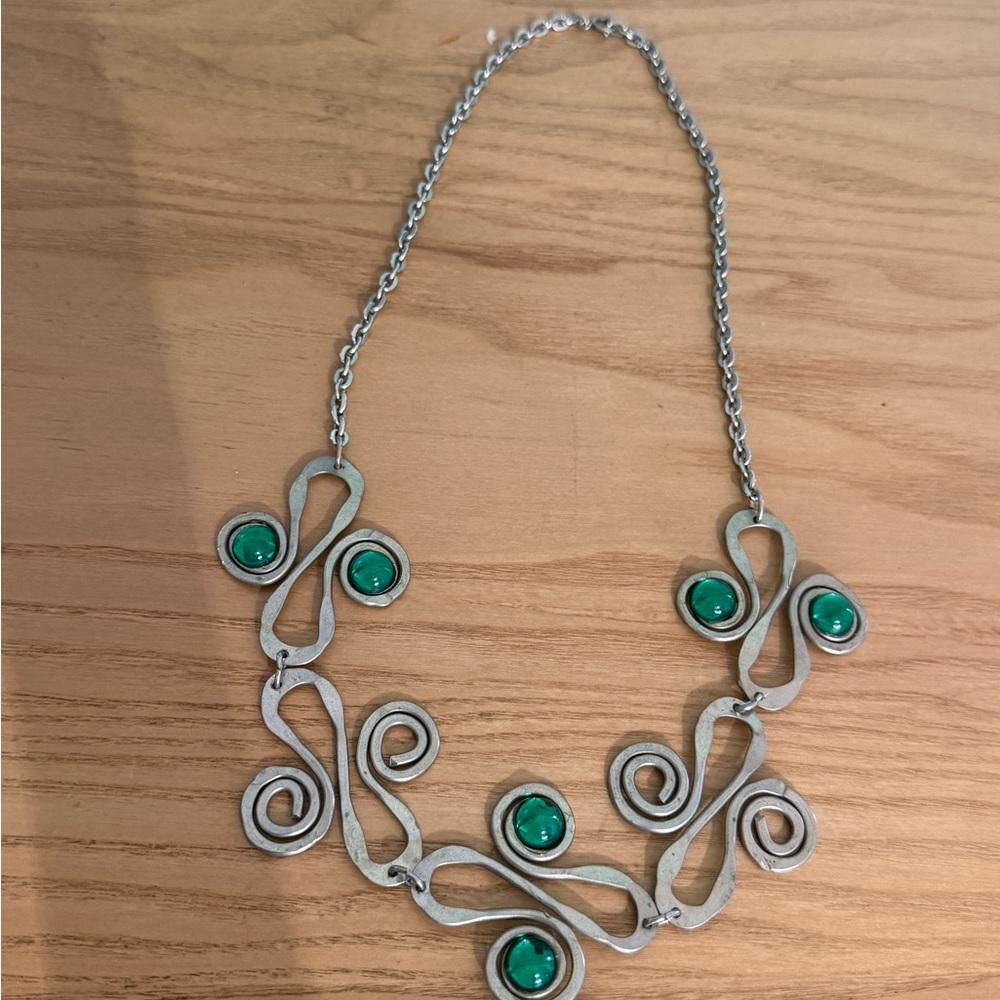 Silver-Tone Necklace with Green Cabochon Accents